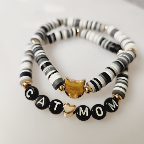 Stretchy Cat Mom Bracelet Set Friendship Beaded Jewelry Cat Gift For Her - Picture 1 of 3
